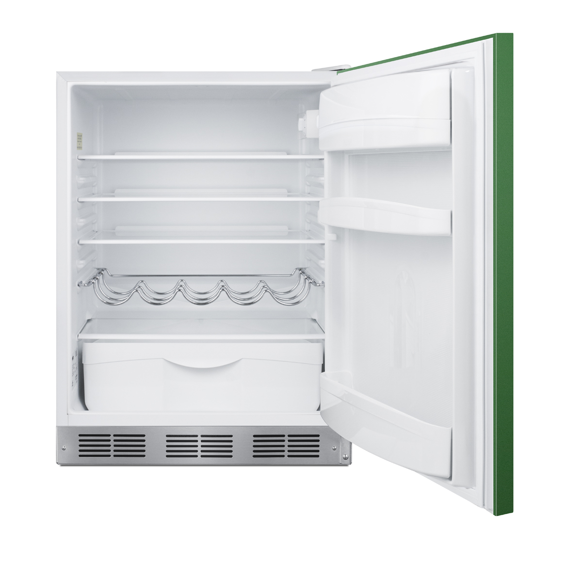 24 in. wide ADA height all-refrigerator for residential use, auto defrost with an emerald green door, stainless steel handle, and white cabinet